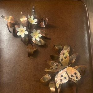 Mid Century Frank Lee Floral Butterfly Wall Sculptures Enamel Brass